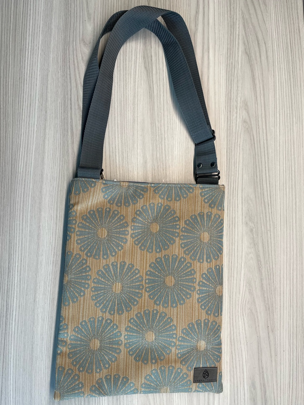 Boho Canvas Geometric Floral Crossbody Tote in Light Blue and Tan